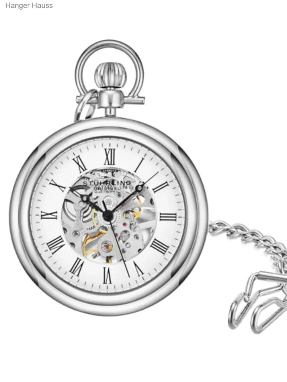 Men's Skeleton Pocket Watch Hand Wind Mechanical Movement Stainless Steel Chain